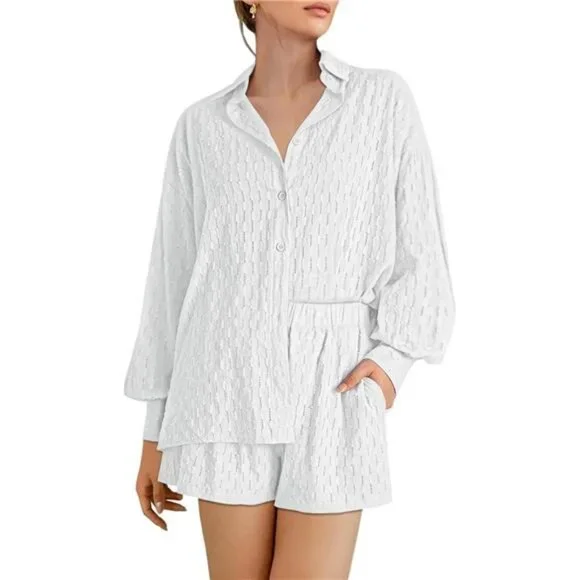 Women's 2 Piece Outfits Oversized Long Puff Sleeve Blouse Shirt High Waisted - Picture 5 of 7